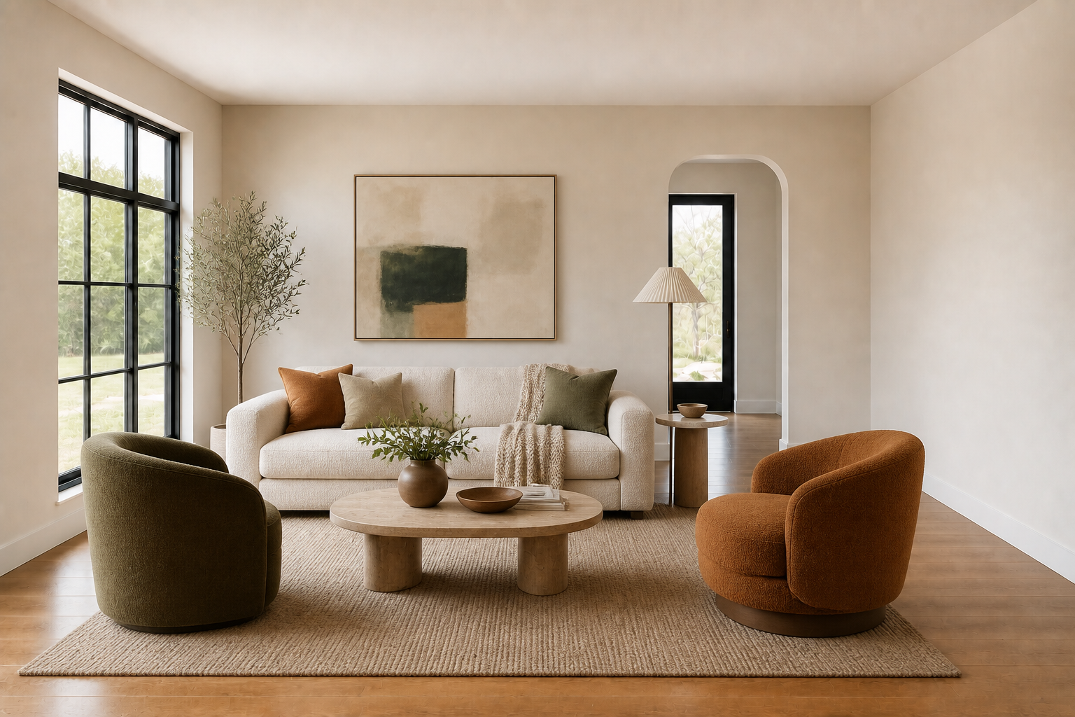 A warm, modern living room fully furnished by Elevated Design Works